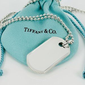 24" Tiffany & Co Mens Coin Edge ID Dog Tag Bead Chain Necklace in Silver